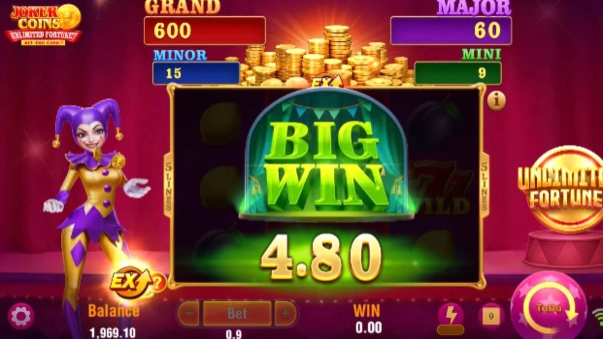 Joker Coins Unlimited Fortune slot machine interface with neon fruit symbols and joker character