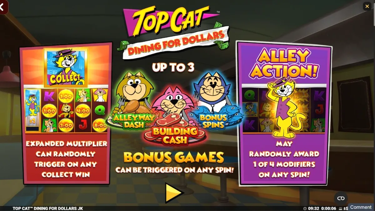 Top Cat Dining For Dollars slot machine interface featuring cartoon cats